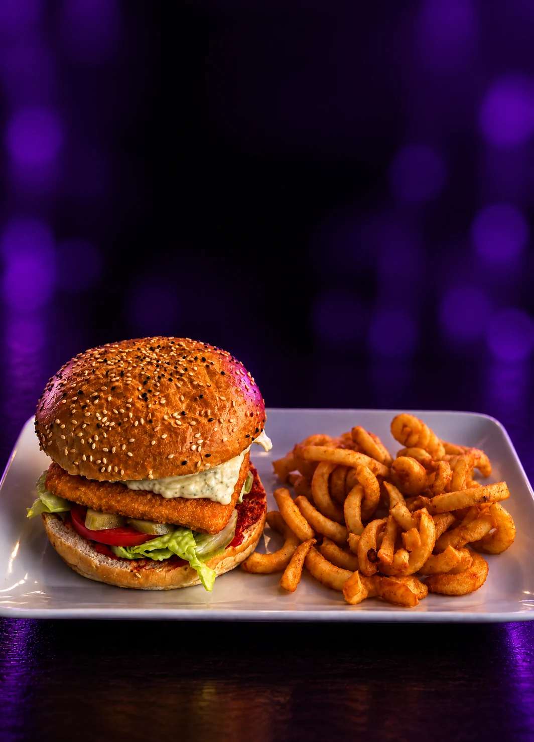 Burger z panierowanym serem i frytkami kręconymi na talerzu