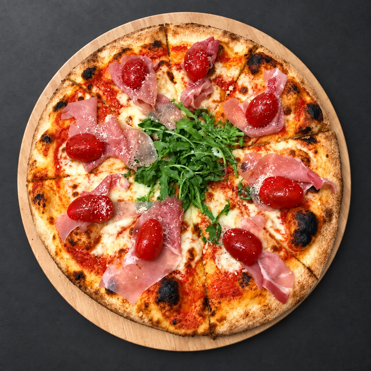 Pizza z szynką, pomidorkami i rukolą na drewnianej desce